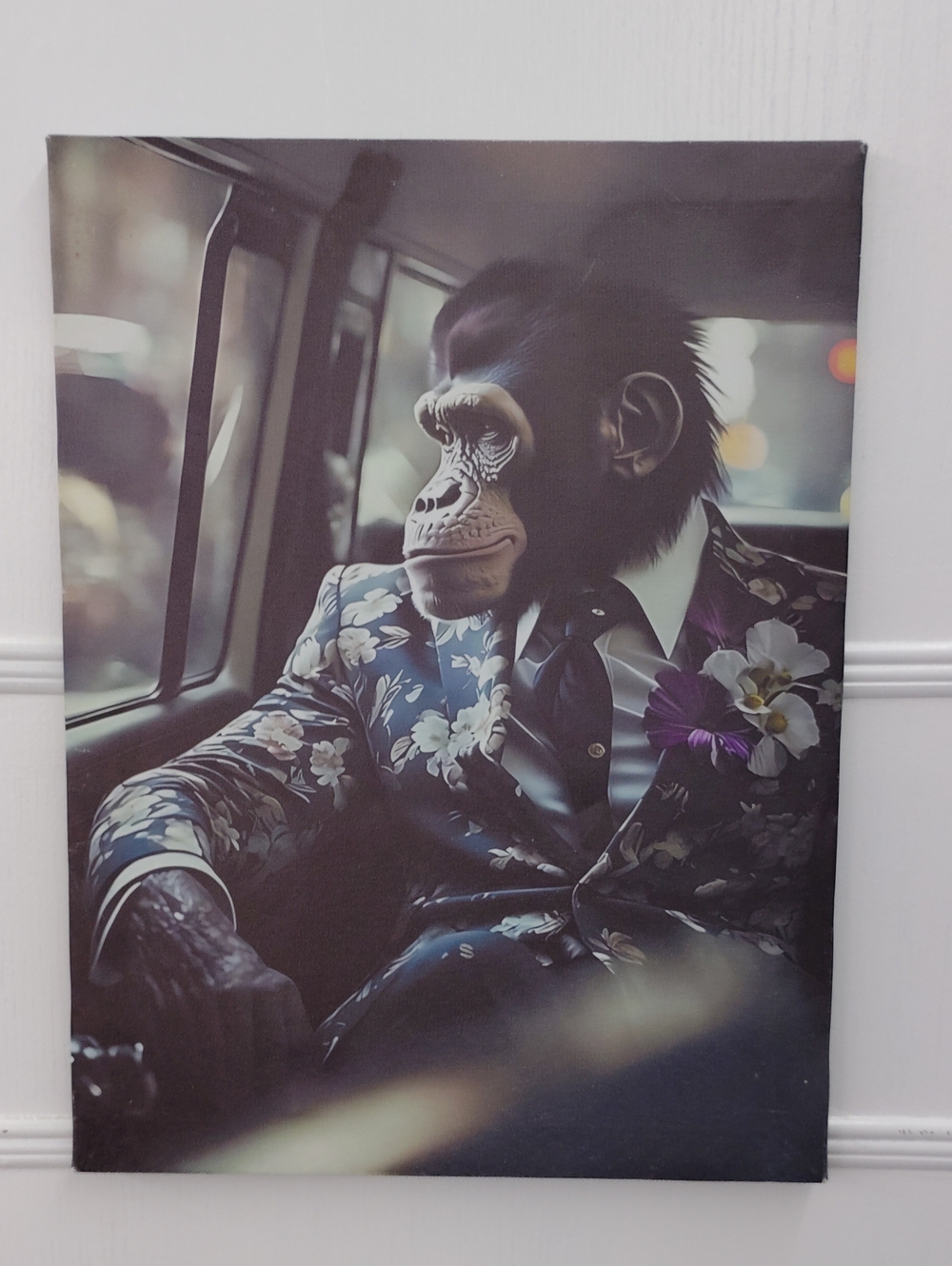 Stylish Chimp Portrait Canvas - Floral Navy Suit